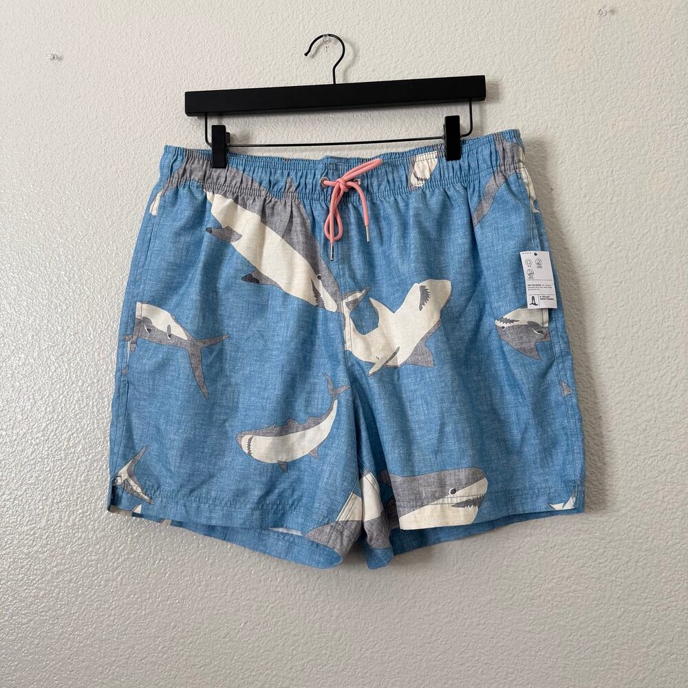 Lands’ End 6” Volley Swim Trunks blue gray white shark print